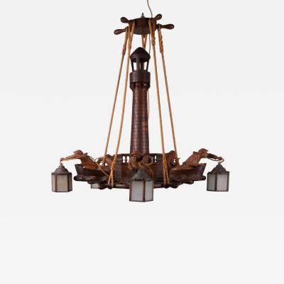 1950s wooden maritime hanging light France