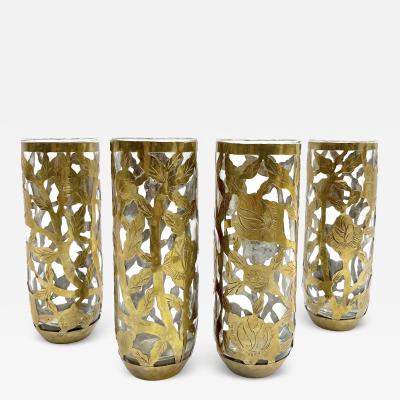 1960 Mexican Set 4 Drinking Glasses Encased in Etched Cutwork Floral Brass Decor