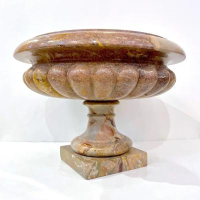 1960 Neoclassical Italian Carved Pink Red Marble Big Tazza Bowl with White Veins