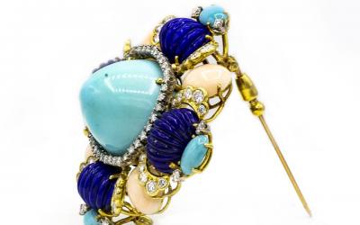 1960S 18K YELLOW GOLD 4 CARAT BABY CORAL LAPIS TURQUOISE DIAMOND BROOCH