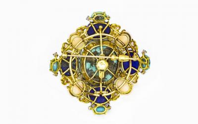 1960S 18K YELLOW GOLD 4 CARAT BABY CORAL LAPIS TURQUOISE DIAMOND BROOCH
