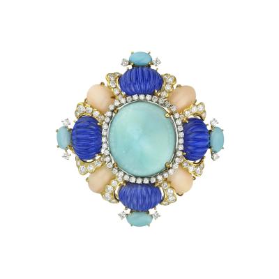1960S 18K YELLOW GOLD 4 CARAT BABY CORAL LAPIS TURQUOISE DIAMOND BROOCH