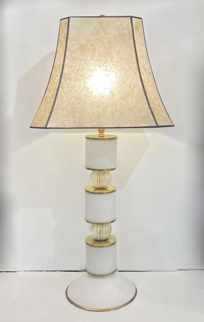 1960s Albarelli Italian Pair Tall Matte White Gold Murano Glass Table Lamps
