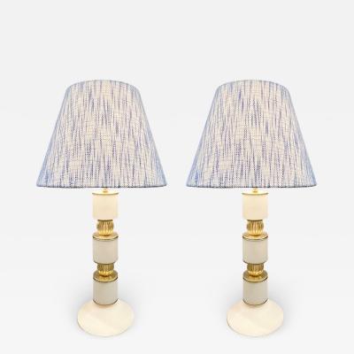 1960s Albarelli Italian Pair of Tall Matte White and Gold Murano Glass Lamps