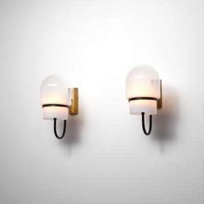 1960s Italian Modern Wall Sconces in Black Enamelled Brass Brass and Glass