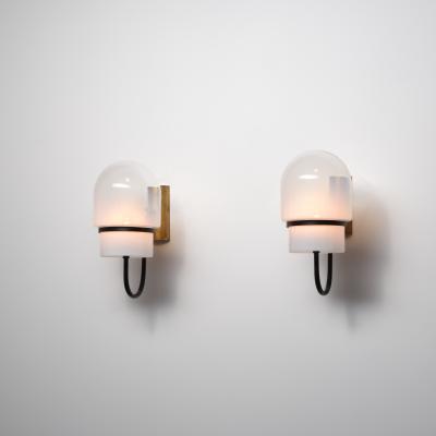 1960s Italian Modern Wall Sconces in Black Enamelled Brass Brass and Glass