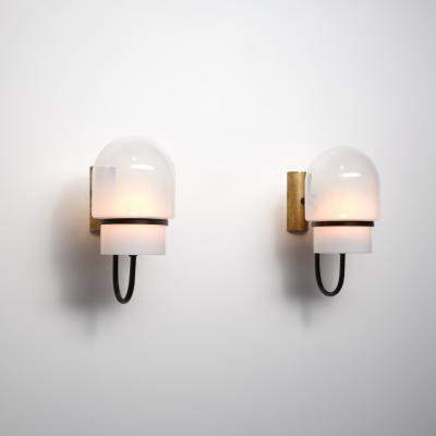 1960s Italian Modern Wall Sconces in Black Enamelled Brass Brass and Glass