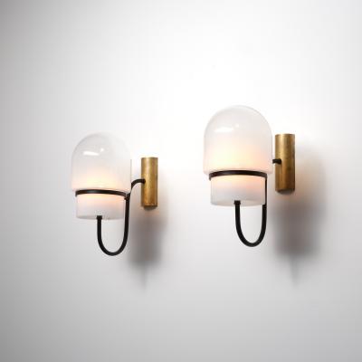1960s Italian Modern Wall Sconces in Black Enamelled Brass Brass and Glass