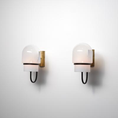 1960s Italian Modern Wall Sconces in Black Enamelled Brass Brass and Glass