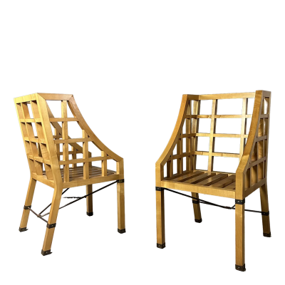 1960s Italian pair Lancetti Signorelli modernist blond walnut armchairs