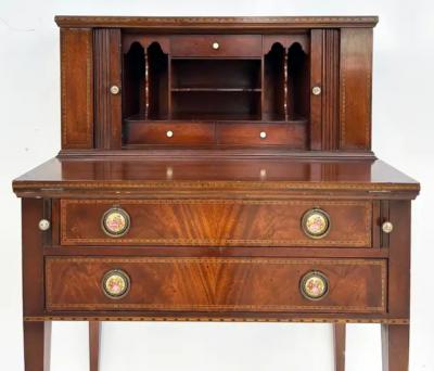 1960s Ladys Writing Desk Secretaire Tambour Doors Marquetry Banded Drawers