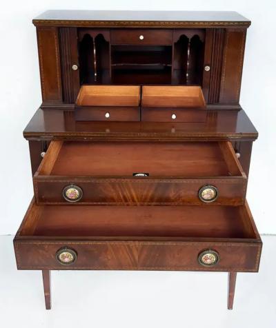 1960s Ladys Writing Desk Secretaire Tambour Doors Marquetry Banded Drawers