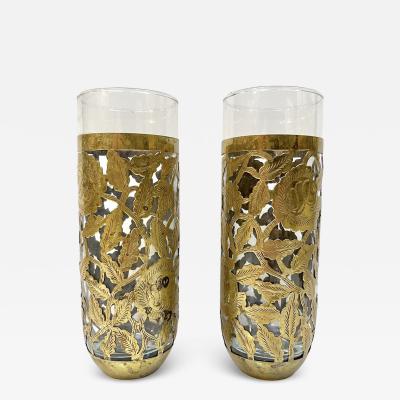 1960s Mexican Pair Drinking Glasses Encased in Etched Cutwork Floral Brass Decor
