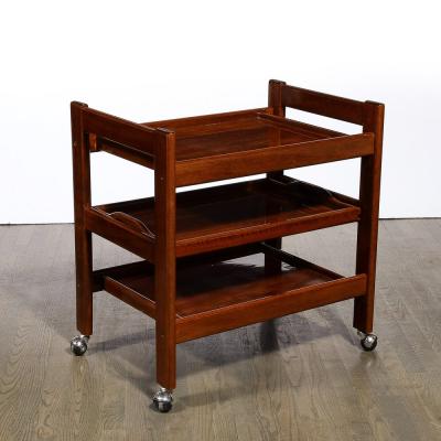 1960s Mid Century Modern Three Tier Bar Cart on Castors in Book Matched Walnut