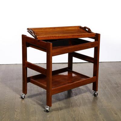 1960s Mid Century Modern Three Tier Bar Cart on Castors in Book Matched Walnut