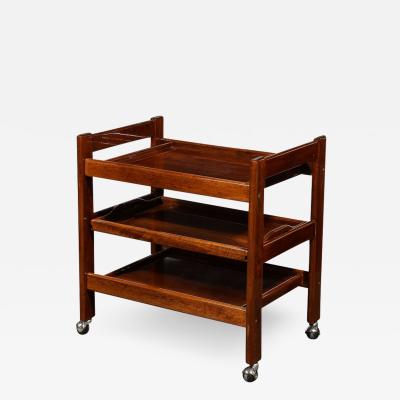 1960s Mid Century Modern Three Tier Bar Cart on Castors in Book Matched Walnut