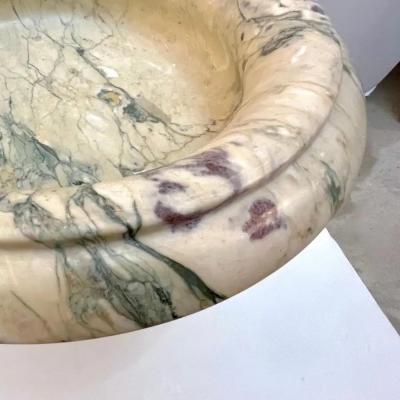 1960s Neoclassical Italian Carved Beige Marble Tazza Bowl with Green Pink Veins