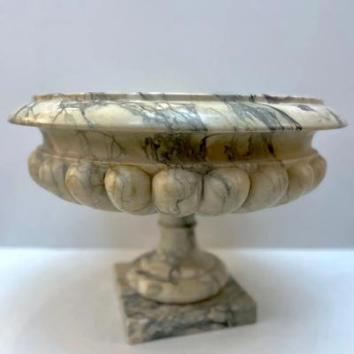 1960s Neoclassical Italian Carved Beige Marble Tazza Bowl with Green Pink Veins