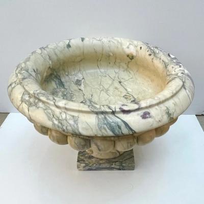 1960s Neoclassical Italian Carved Beige Marble Tazza Bowl with Green Pink Veins