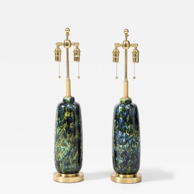 1960s Pair of Mid Century Ceramic Lamps with a Beautiful Peacock Glaze 