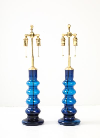 1960s Pair of Mid Century Swedish Blue Glass Totem Lamps