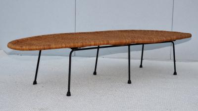 1960s Rattan With Iron Base Surfboard Coffee Table Made In Hong Kong