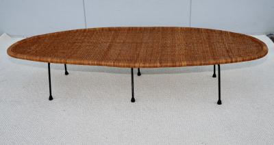 1960s Rattan With Iron Base Surfboard Coffee Table Made In Hong Kong