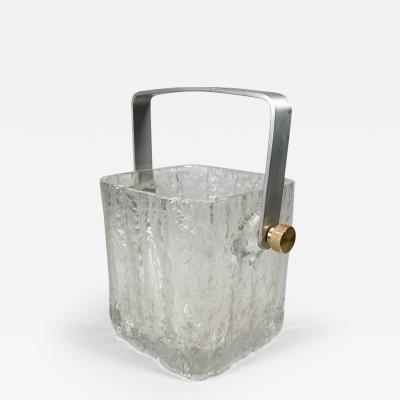 1960s Scandinavian Modern Ice Bucket Crystal Art Glass Brass Aluminum Handle