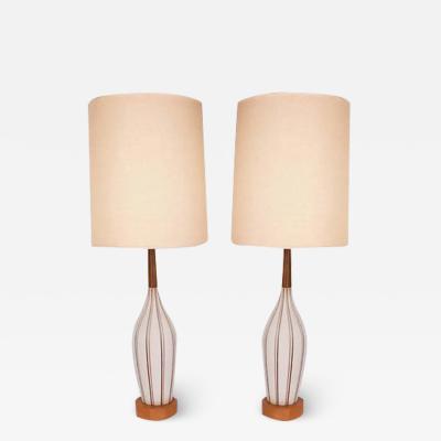 1960s Tall Mid Century Modern Walnut Ceramic Table Lamps Pair
