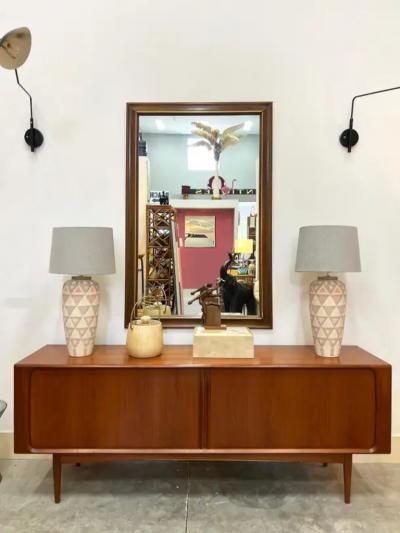 1960s Vintage Overscale Walnut Brass Campaign Style Mirror