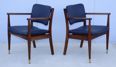 1960s Walnut Armchairs With Blue Leather Upholstery