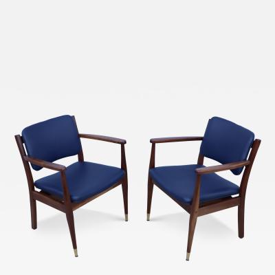 1960s Walnut Armchairs With Blue Leather Upholstery