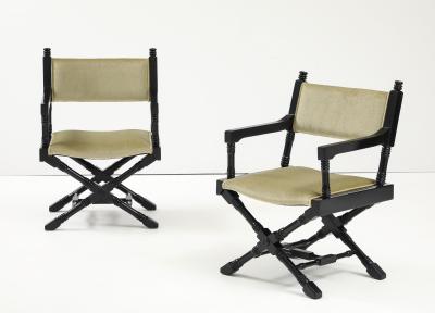 1960s X Base Black Lacquer Director Chairs In Mohair Upholstery 