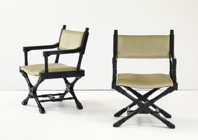 1960s X Base Black Lacquer Director Chairs In Mohair Upholstery 