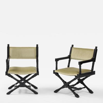 1960s X Base Black Lacquer Director Chairs In Mohair Upholstery 