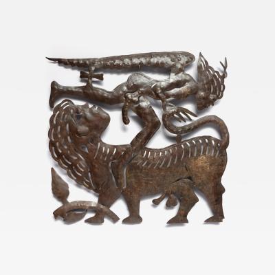 1960s angel and bull cut metal wall hanging