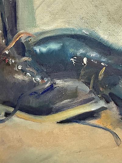 1963 Oil Painting on Board of a pair of Boots Signed Unger