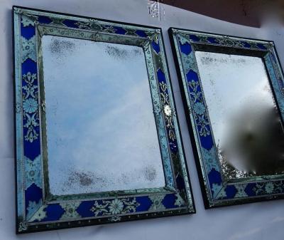1970 1980 Pair of Louis XIV Style Venice Mirrors with Blue Glass Ornaments