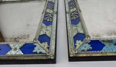 1970 1980 Pair of Louis XIV Style Venice Mirrors with Blue Glass Ornaments