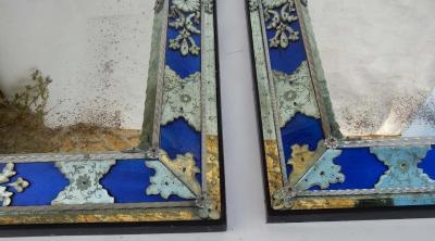 1970 1980 Pair of Louis XIV Style Venice Mirrors with Blue Glass Ornaments