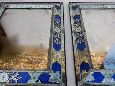 1970 1980 Pair of Louis XIV Style Venice Mirrors with Blue Glass Ornaments