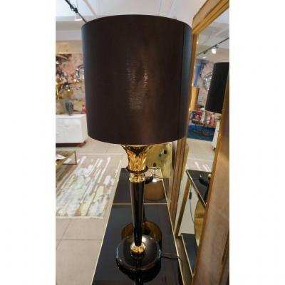1970 Italian Hollywood Regency Pair of Black Lacquered and Gold Leaf Motif Lamps