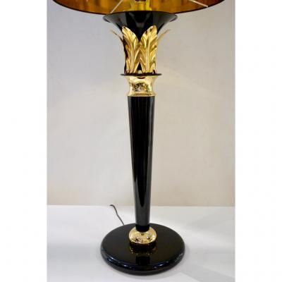 1970 Italian Hollywood Regency Pair of Black Lacquered and Gold Leaf Motif Lamps