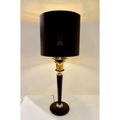 1970 Italian Hollywood Regency Pair of Black Lacquered and Gold Leaf Motif Lamps