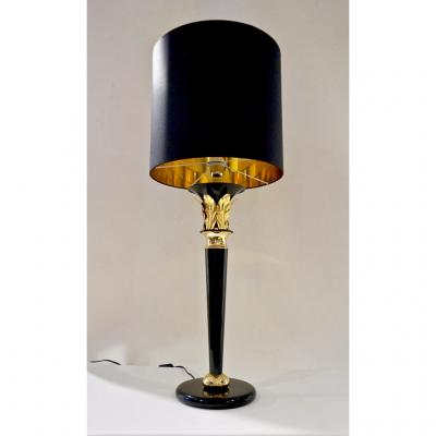 1970 Italian Hollywood Regency Pair of Black Lacquered and Gold Leaf Motif Lamps