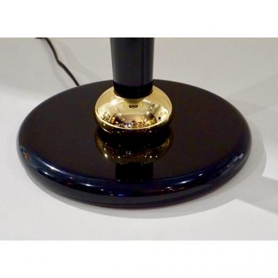 1970 Italian Hollywood Regency Pair of Black Lacquered and Gold Leaf Motif Lamps