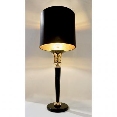 1970 Italian Hollywood Regency Pair of Black Lacquered and Gold Leaf Motif Lamps