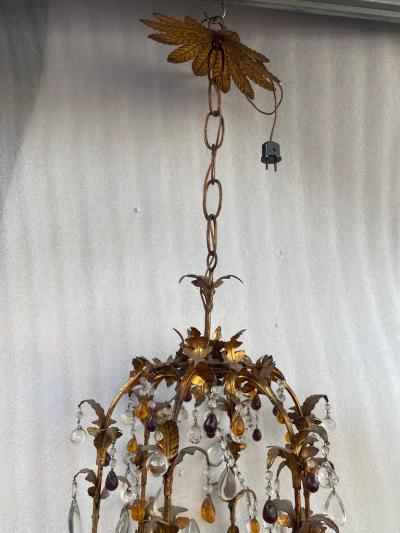 1970 Italian Lantern in Golden Iron with Colored Glass Pendants