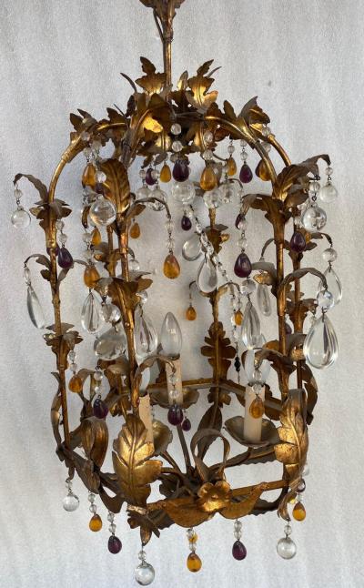 1970 Italian Lantern in Golden Iron with Colored Glass Pendants