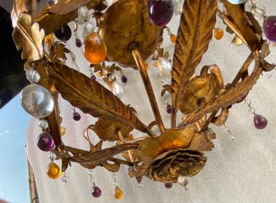 1970 Italian Lantern in Golden Iron with Colored Glass Pendants